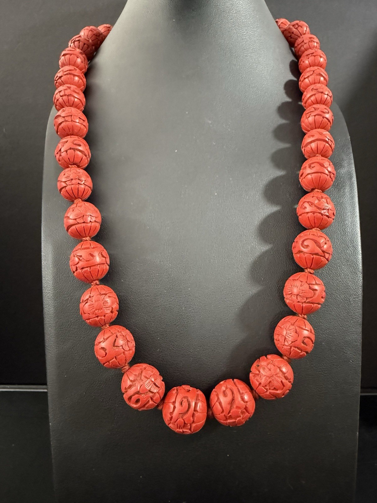 Vintage Chinese Export 24″ Necklace Hand Carved Red Cinnabar Lacquer Beads H12