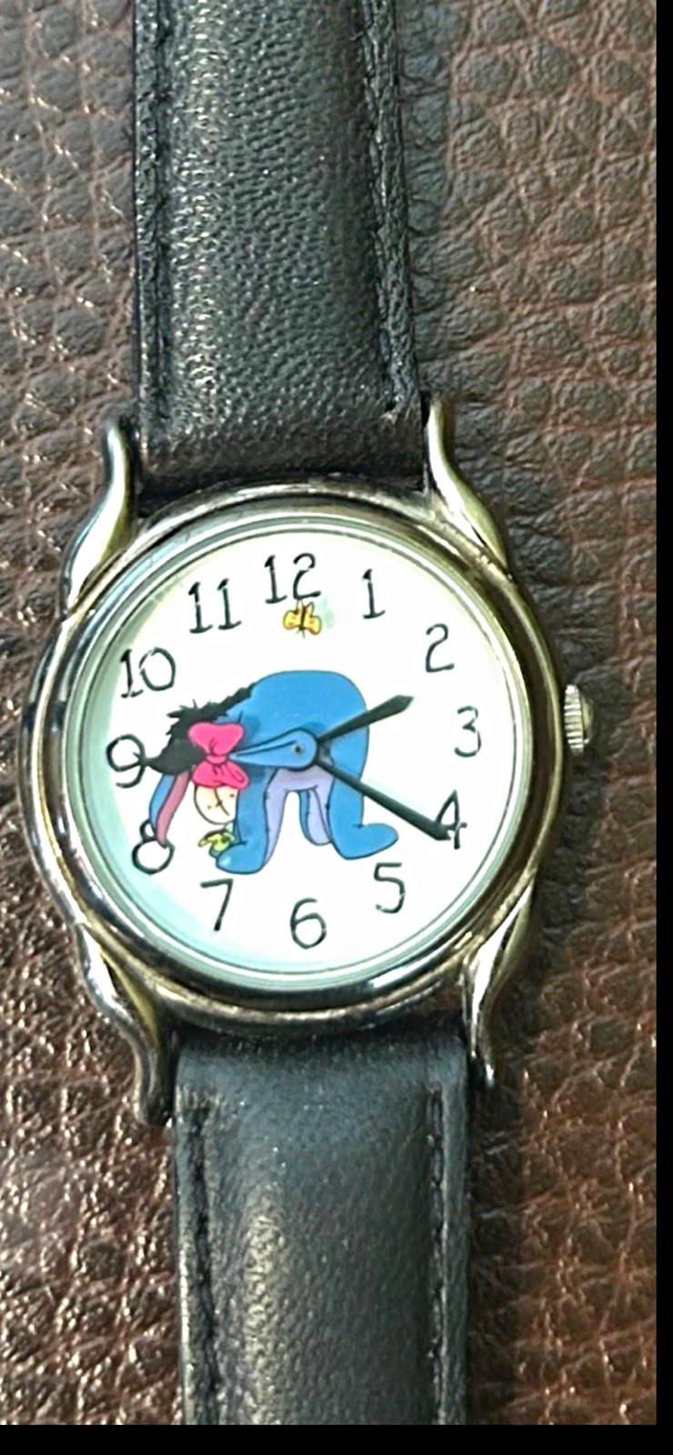 Kreisler Eeyore Quartz Analog Watch Silver Tone Black Leather Strap 1990s