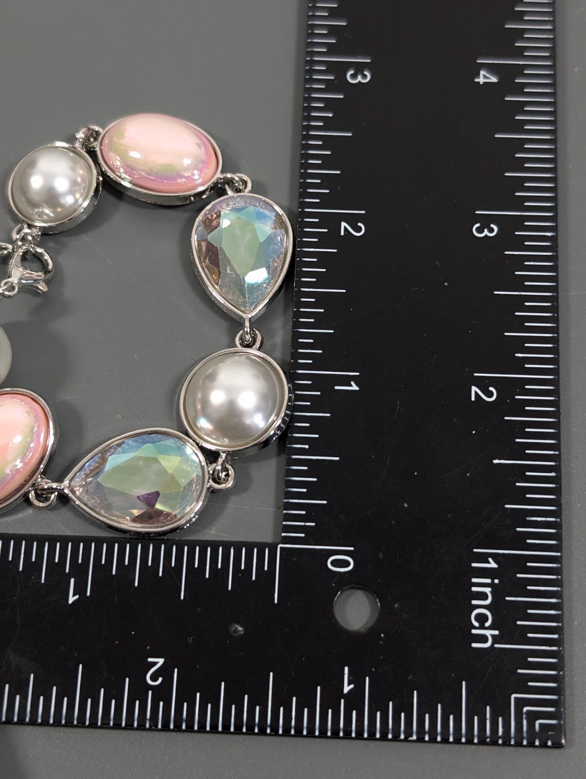 Silver Tone Pink Iridescent AB Crystal Faux Pearl Bezel Tennis Bracelet 9 in