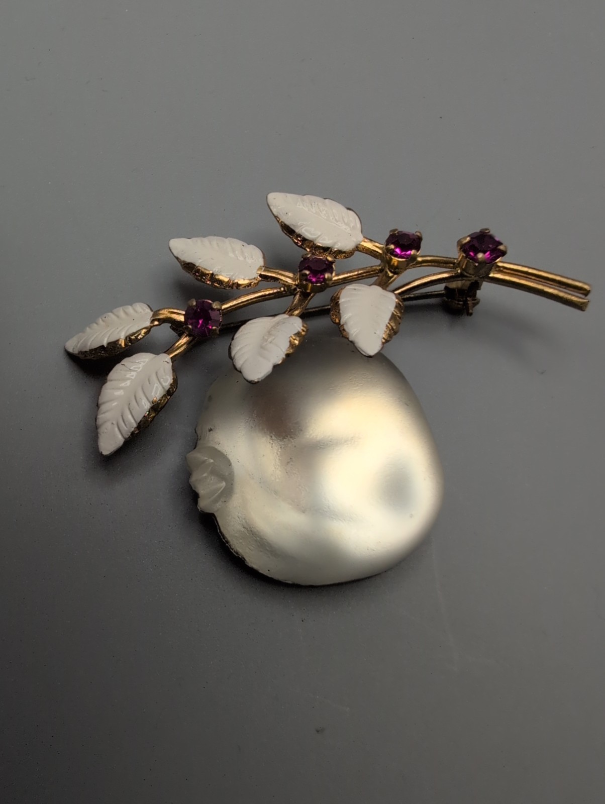 Vintage Signed Austria Forbidden Fruit Pear Fig Brooch Pin White 1950s