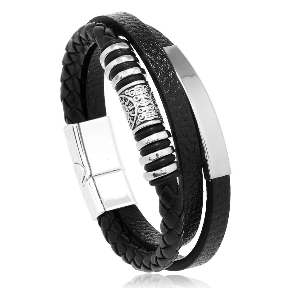 Men’s Multilayer Braided Leather Bracelet with Stainless Steel Clasp 21cm