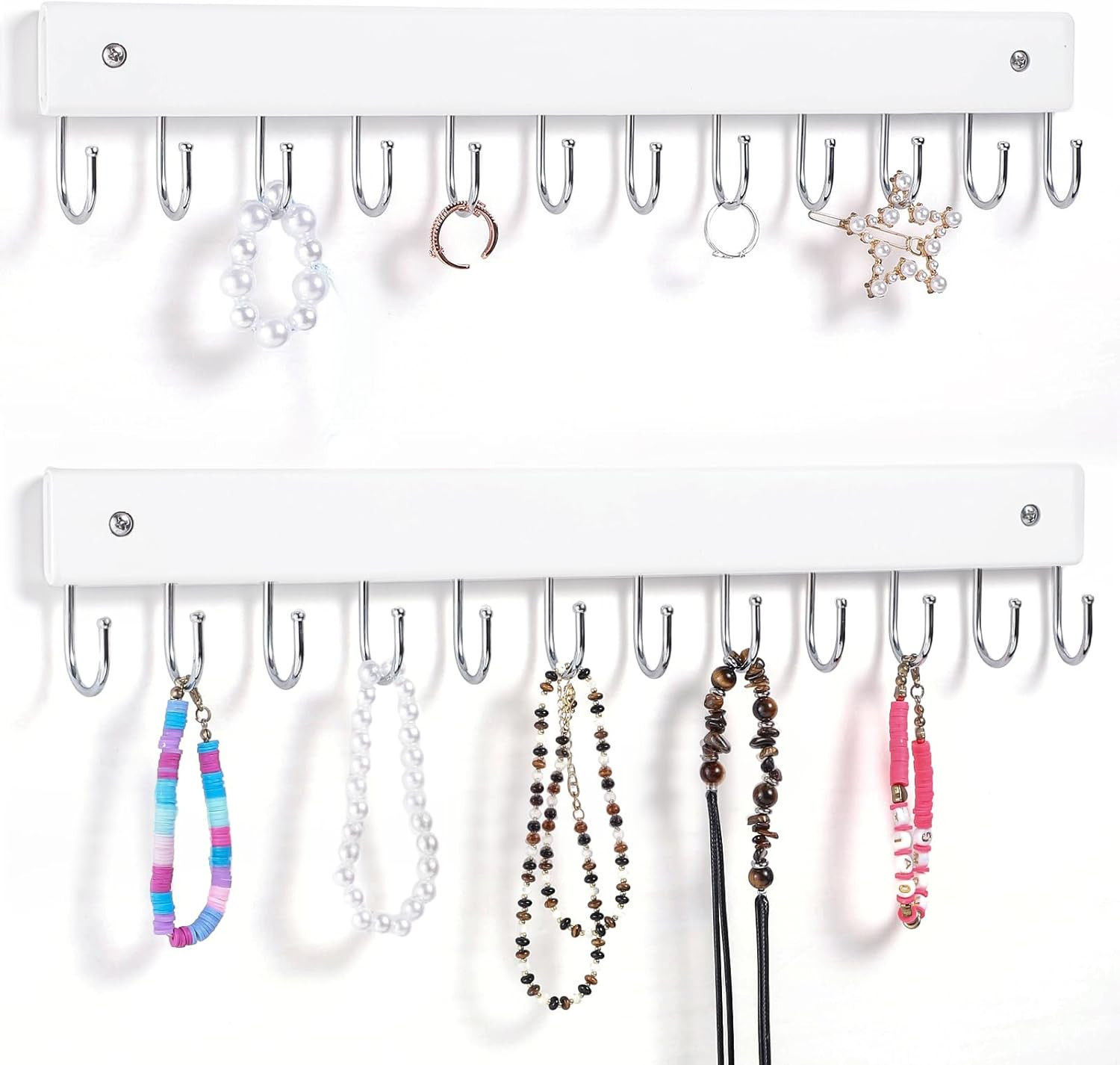 Wall-Mounted Jewelry Organizer Set with 24 Hooks for Necklaces and Accessories