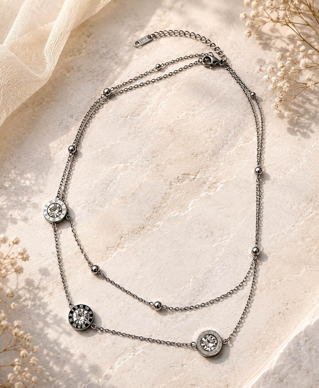 Stainless Steel Layered Station Necklace Clear Crystal Adjustau