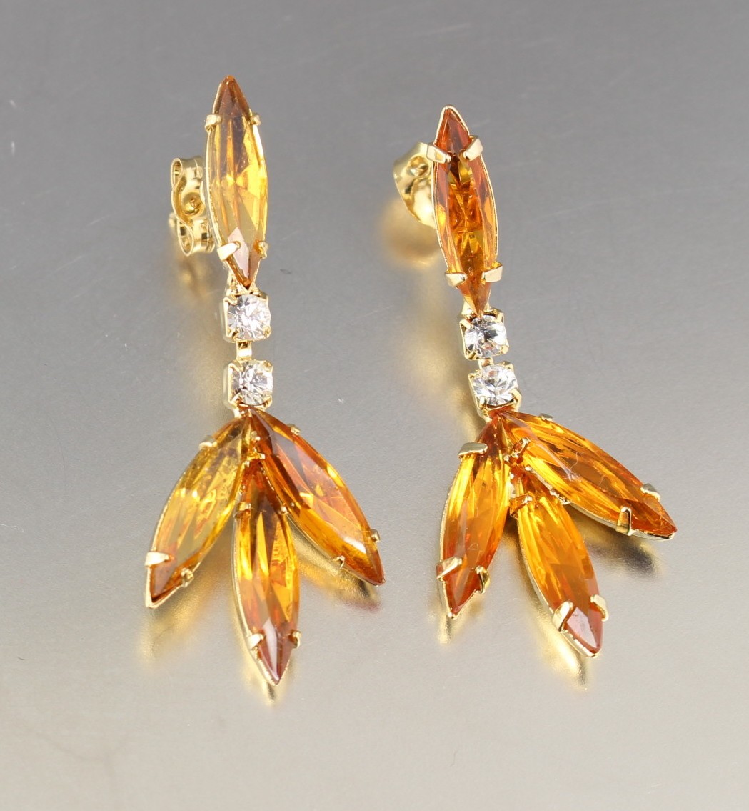 VINTAGE 70’S ORANGE & CLEAR CRYSTAL GLASS RHINESTONE BEAD PIERCED EARRINGS