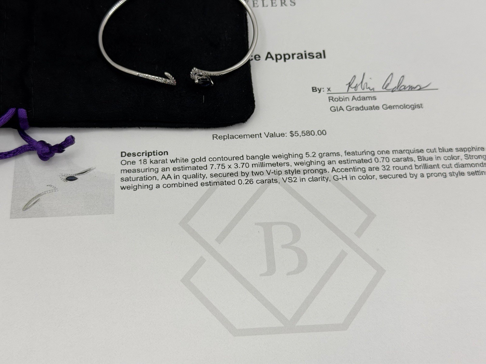 Appraised 18k white gold diamond Sapphire Contoured 5.2 Grams bangle bracelet