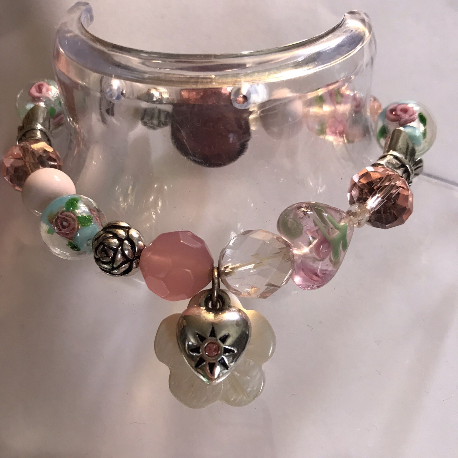 Vintage Art Glass Beaded Stretch Bracelet Lampwork Floral Heart Pink Barbiecore