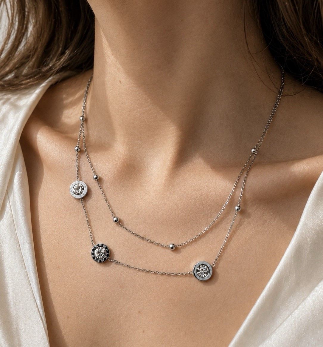 Stainless Steel Layered Station Necklace Clear Crystal Adjustau