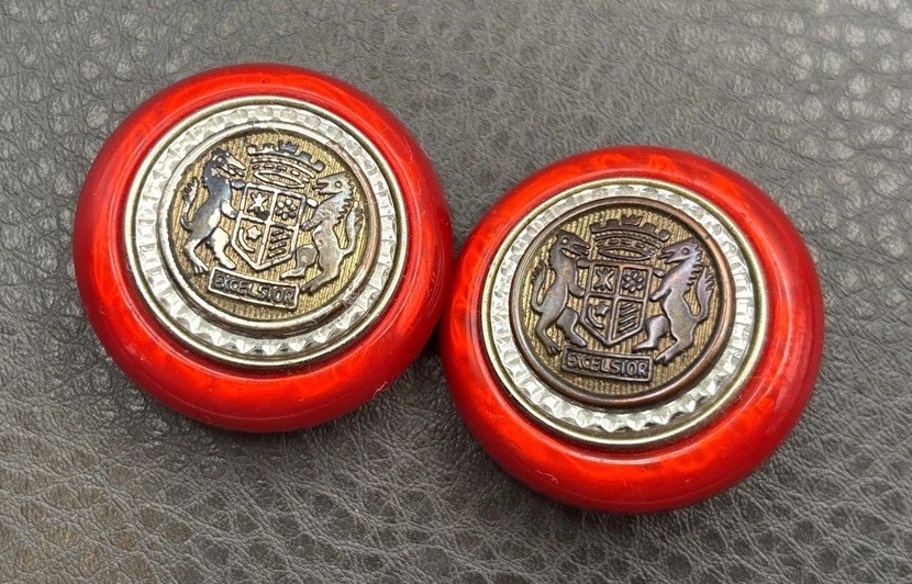 Vintage 80s Heraldic Coat of Arms Lion Shield Excelsior Rhinestone Red Earrings