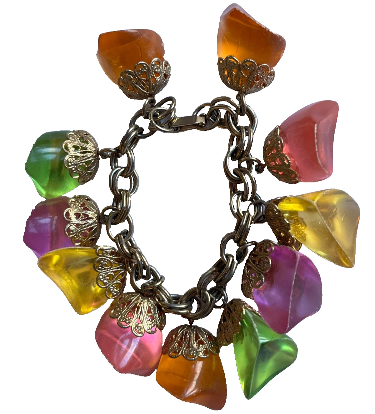Vintage Lucite Charm Double Link Dangle Bracelet Pastel Pink Green Orange Yellow