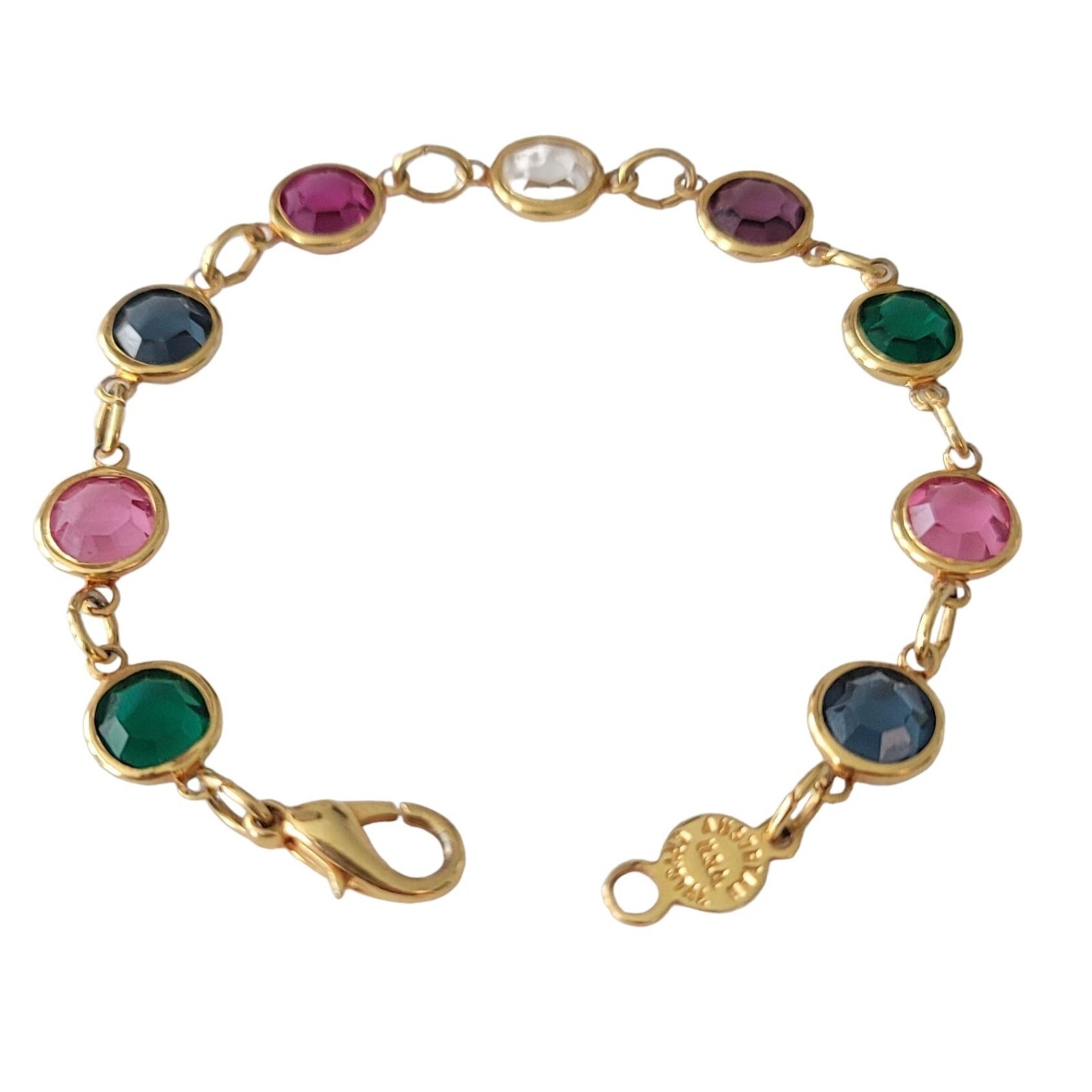 Austria Pink Blue Green Gold Tone Caged Crystal Chain Bracelet, 7.25″ Long E757