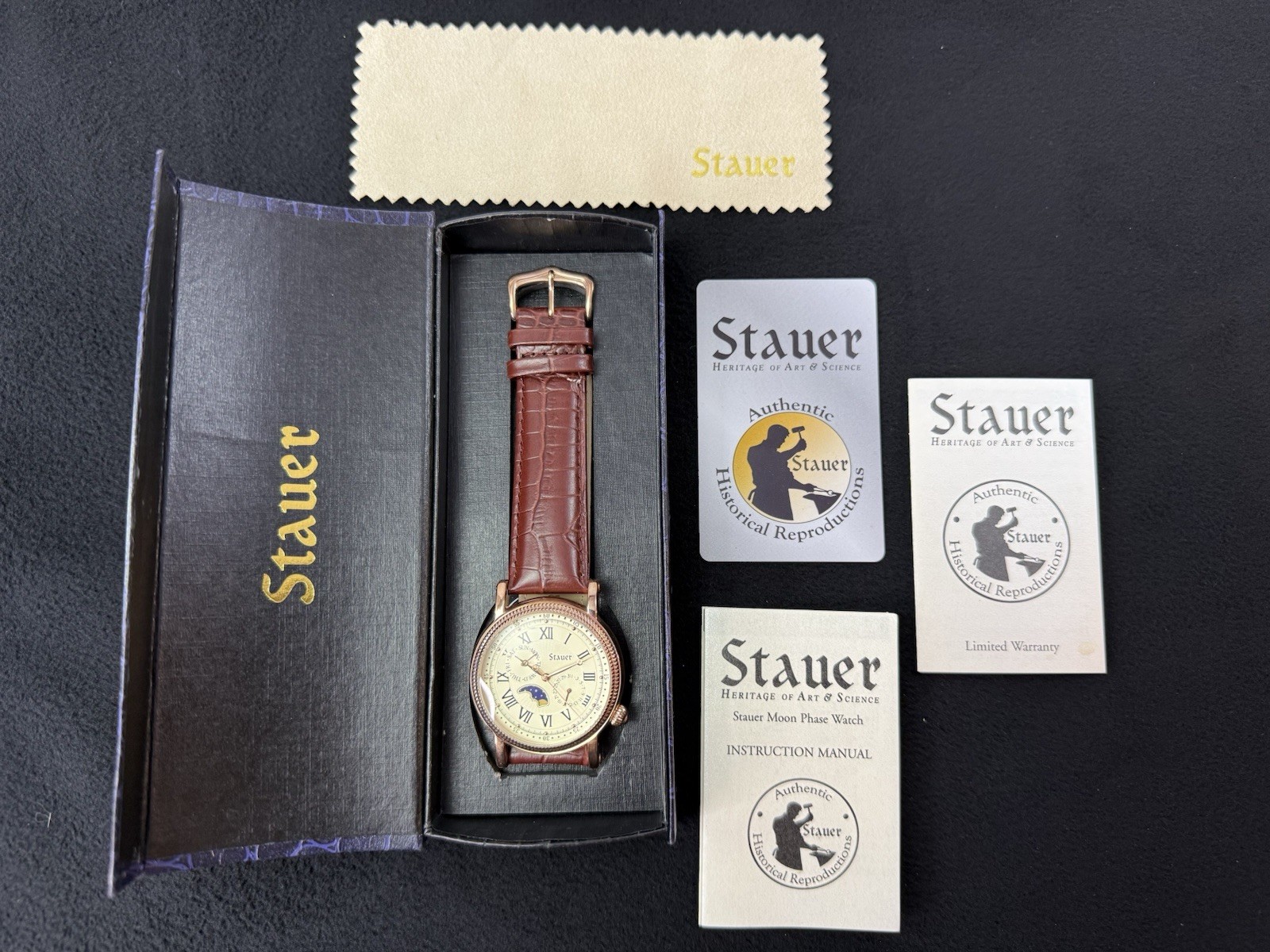 Stauer Moon Phase Quartz Leather Strap Watch Rose Gold – Never Worn