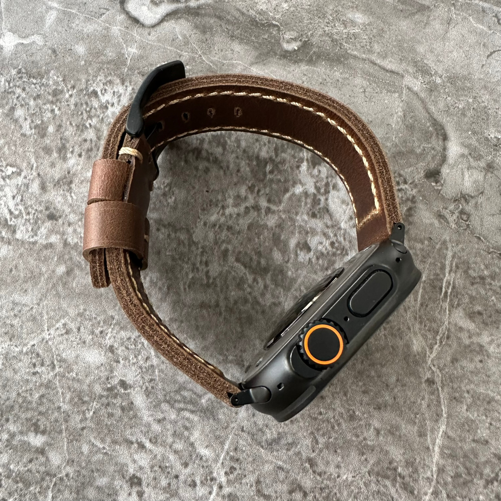 Premium Leather Thick Dark Brown Watch Strap For Black Apple Watch Ultra 49mm