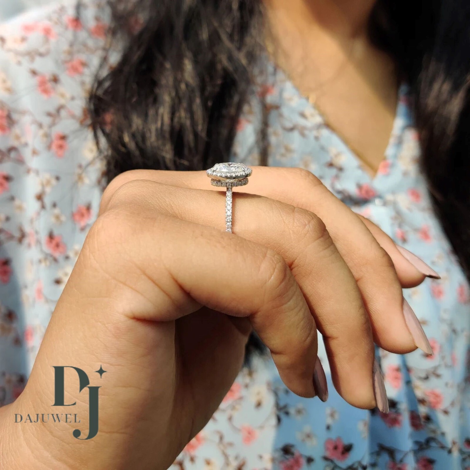 2.50 Carat Oval Cut Moissanite Hidden Halo Engagement Ring Solid 14K White Gold