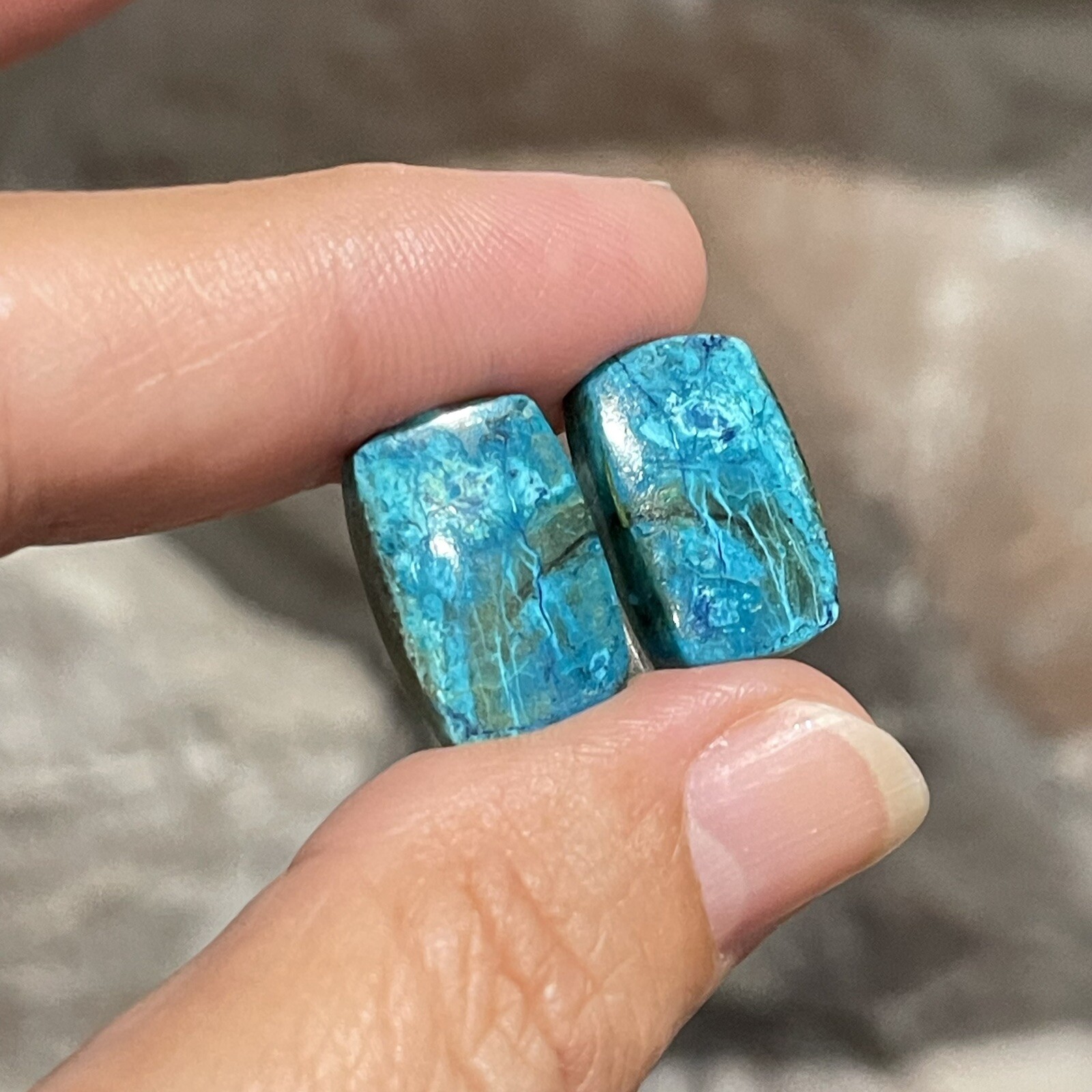 19.6ct 14.3×11.5×4.3mm Pair Of Rare Blue Shattuckite Rectangle Cabochons Gems