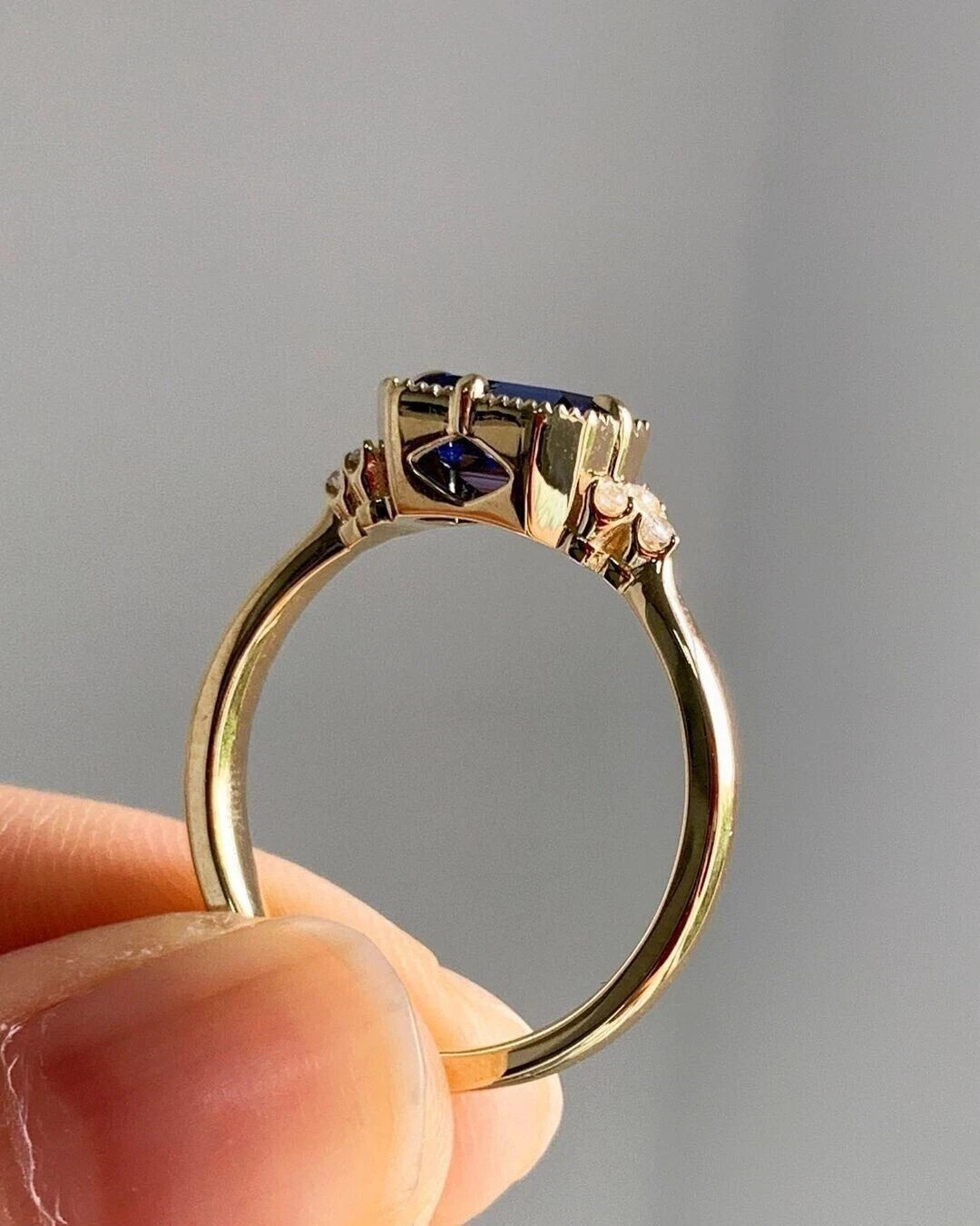 Art Deco Emerald Cut Sapphire & Lab Created Diamond Engagement 14K Gold FN Ring