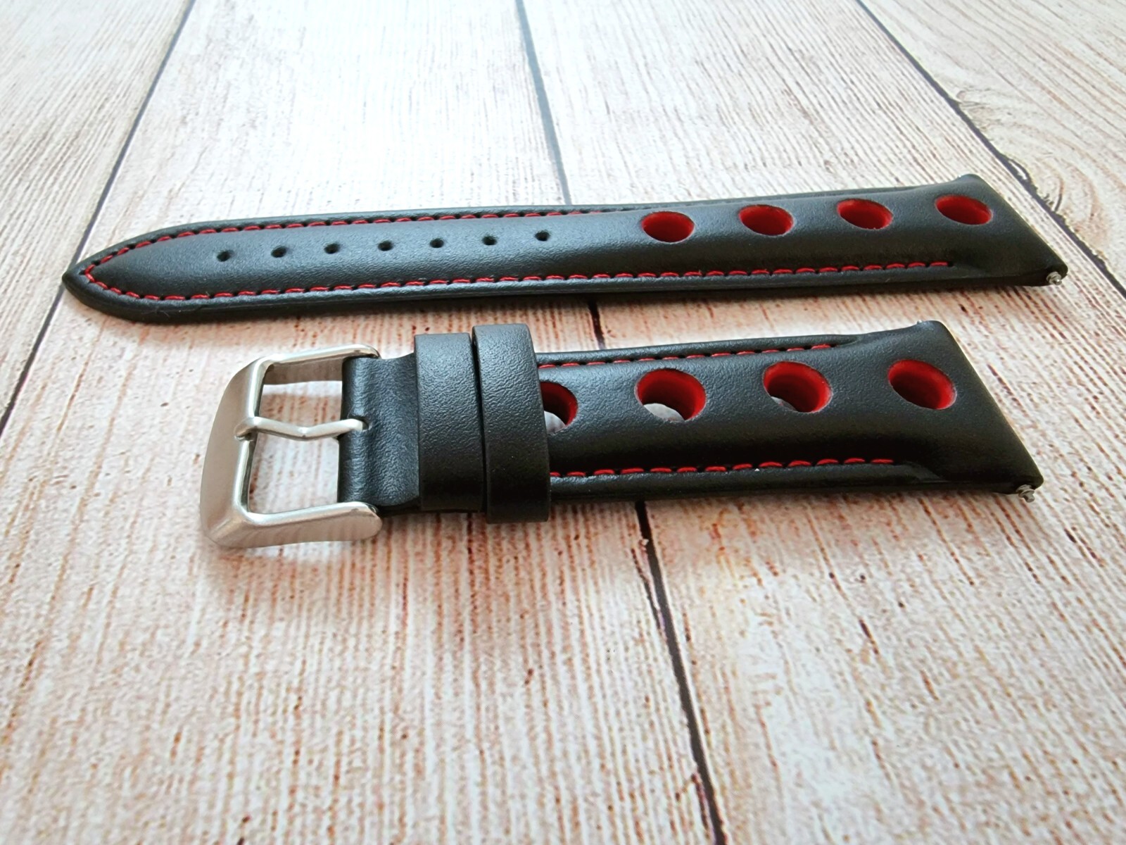 Watch Strap Band Rally Racing Premium Leather Mens 18mm 20mm 22mm 24mm Black Red