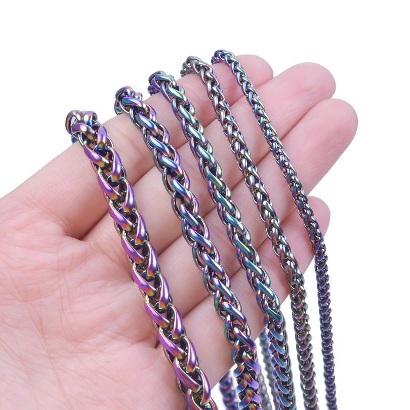 Braided Wheat Link 3-7mm Mens Chain Rainbow Stainless Steel Necklace Gift