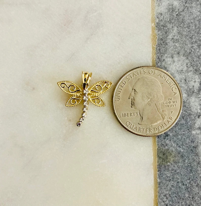 14K Solid Gold Small Dragonfly 20mm / 0.78″ Pendant, 2 Tone Gold Charm – PT2359