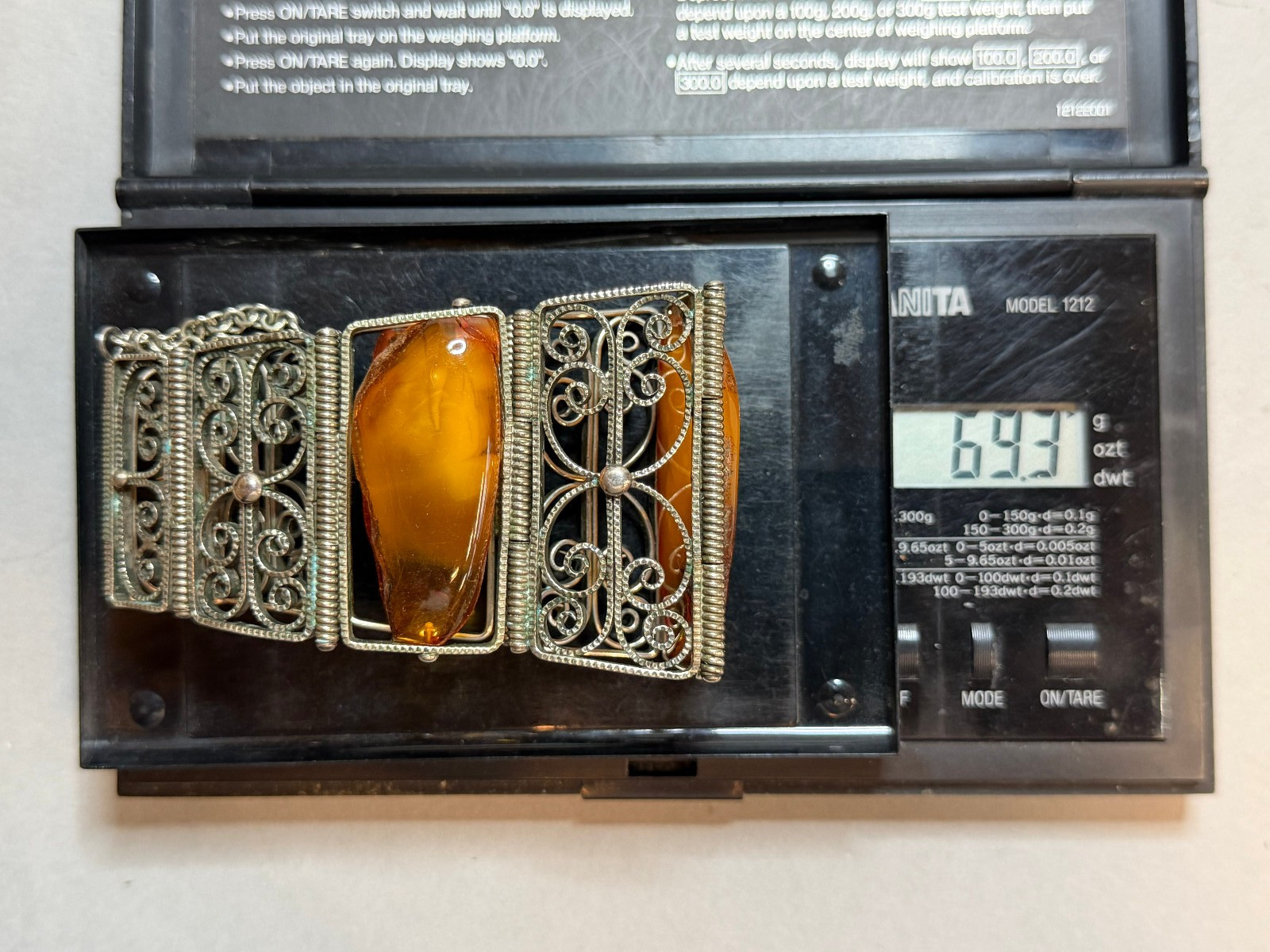 Vintage Soviet USSR Filigree Melchior Panel Bracelet Baltic Amber Honey Cognac