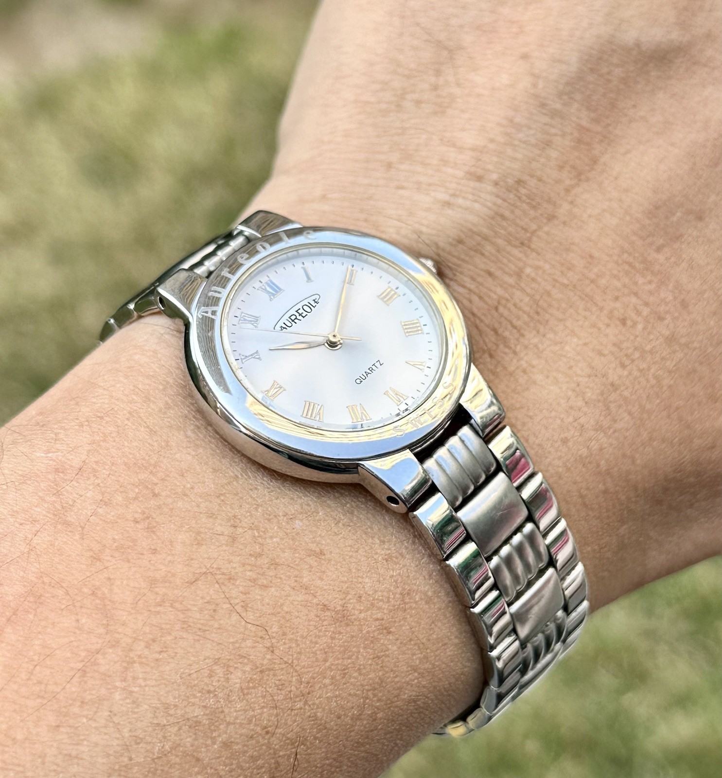 Vintage Aureole Swiss Quartz Watch 31mm All Stainless Steel Integrated Bracelet