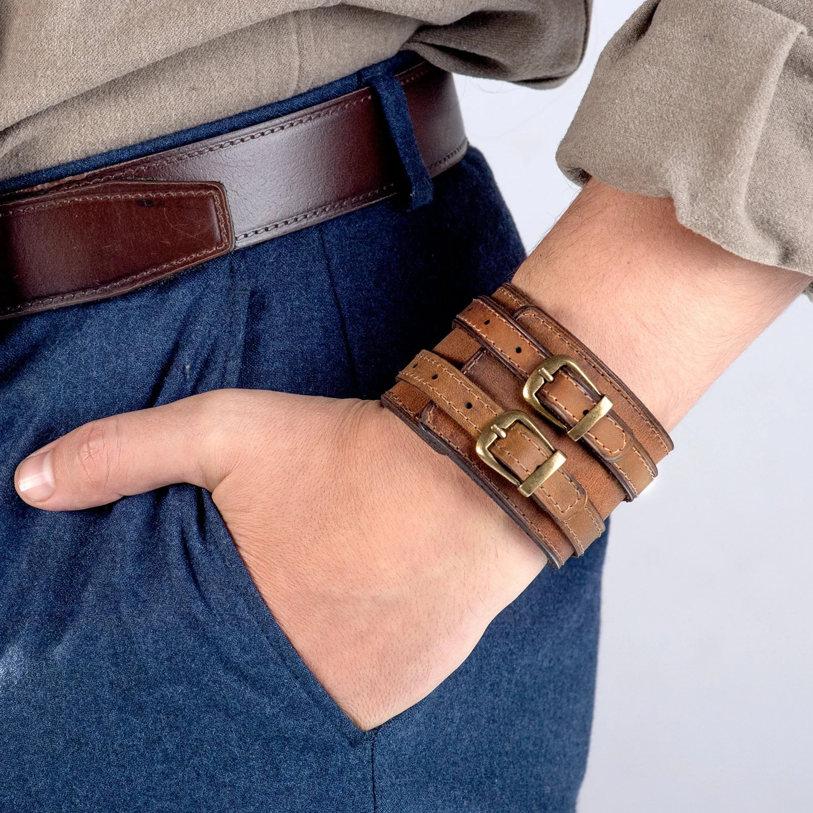 Engraved Black Leather Double Strap Cuff Bracelet,Adjustable Buckle Wristband