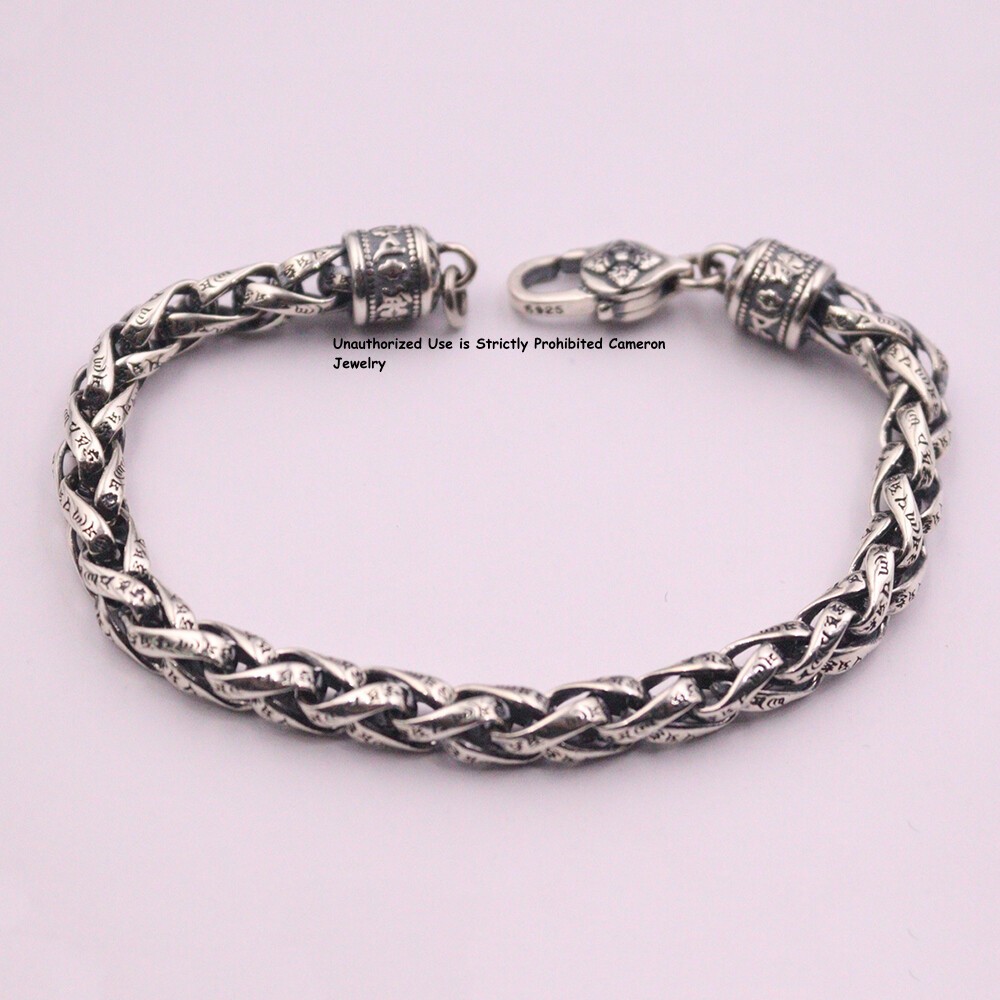 Pure S925 Sterling Silver Chain 6mm Six Words Wheat Link Bracelet 34-35g 7.9inch
