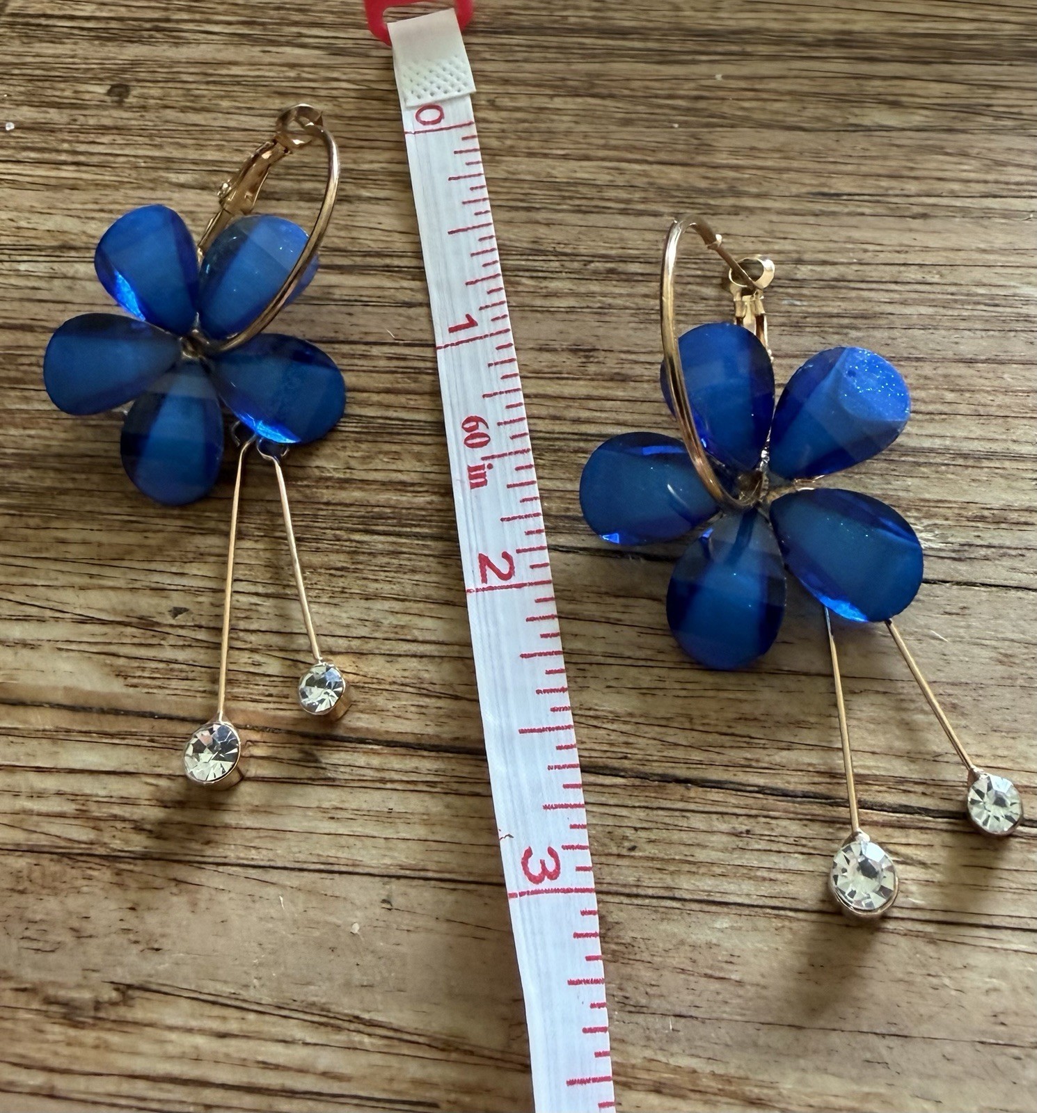 Versatile Blue Flower Hoop Dangle Earrings 2 1/2” Drop