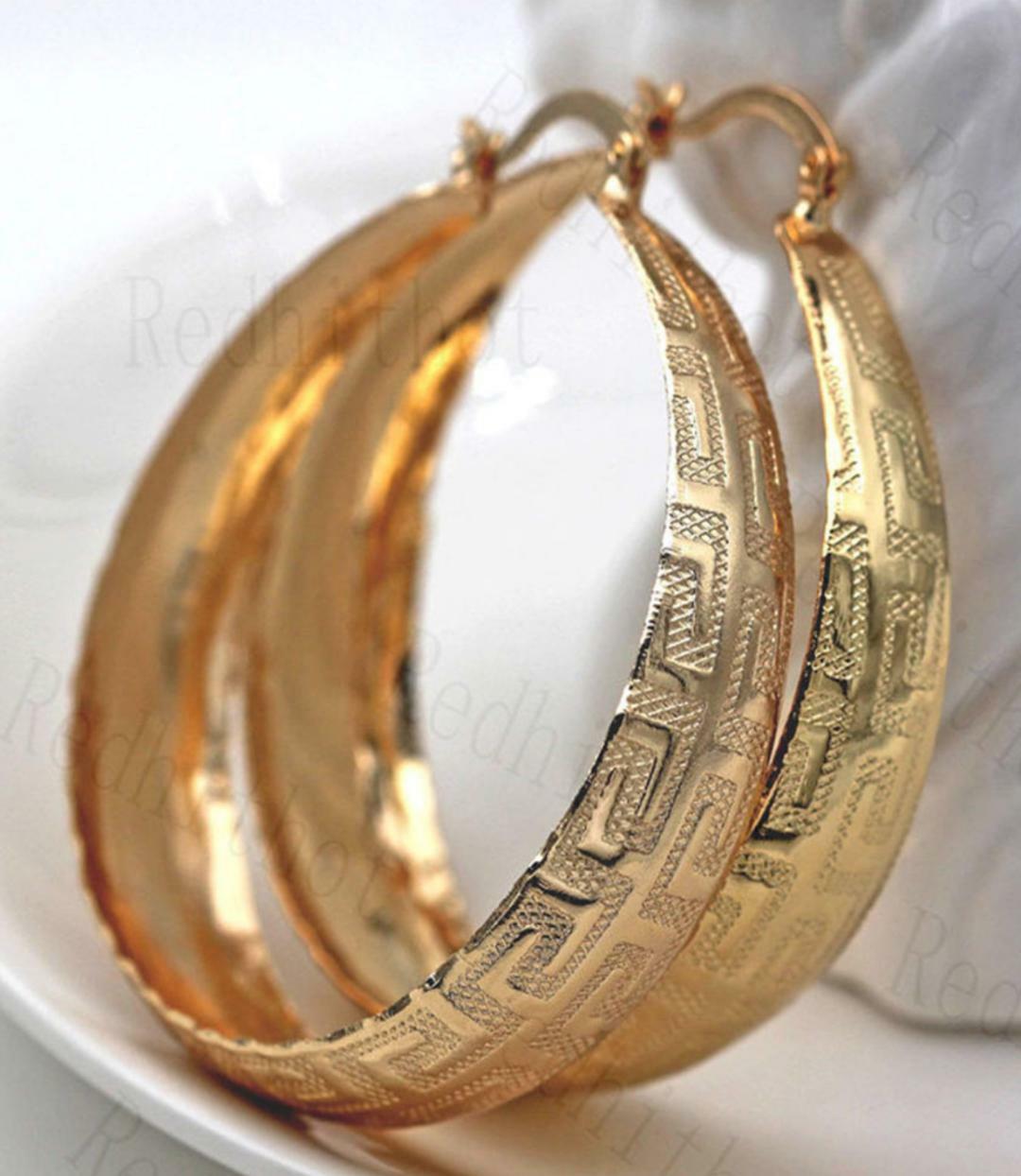 NEW LARGE GREEK KEY ROUND HOOP EARRINGS YELLOW GOLD PLATED LIGHT WEIGHT