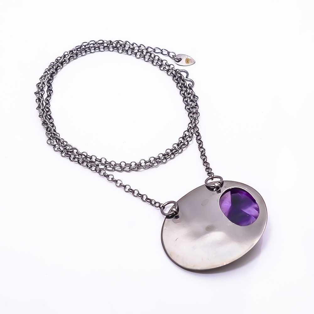 Trapiche Amethyst Black And Gemstone Gold Rhodium 925 Silver Necklace 19.99″ N46