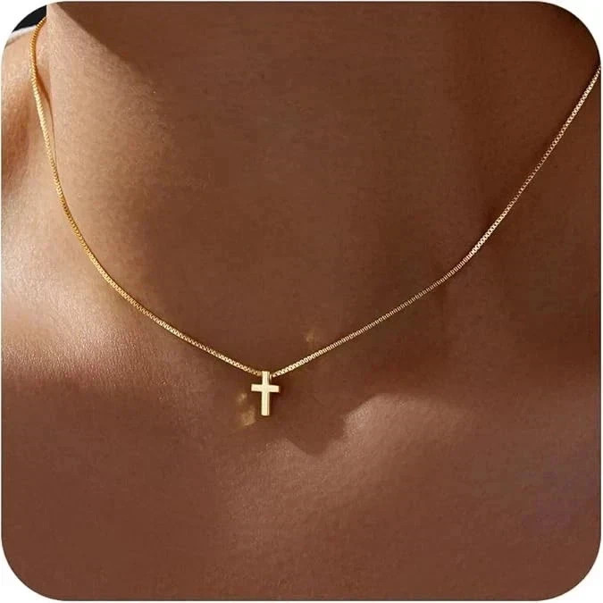 Cross Necklace for Women Small Pendant Jewelry Solid 14K Yellow Gold Plated