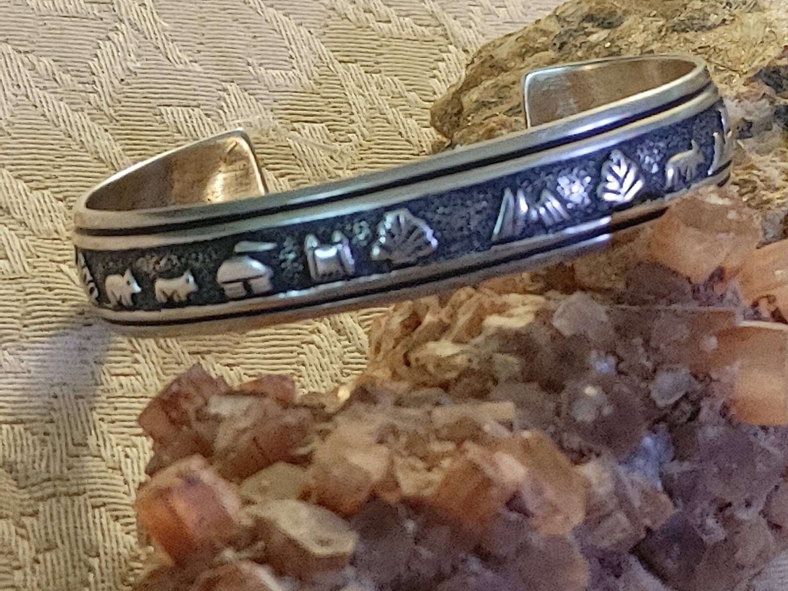 Tommy Singer Navajo, Sterling Silver Overlay Storyteller Cuff Bracelet
