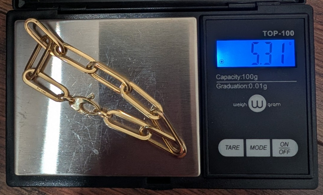 14k Yellow Gold Hollow Paperclip Link Bracelet 7″ 5.31g Never Worn Lobster Clasp