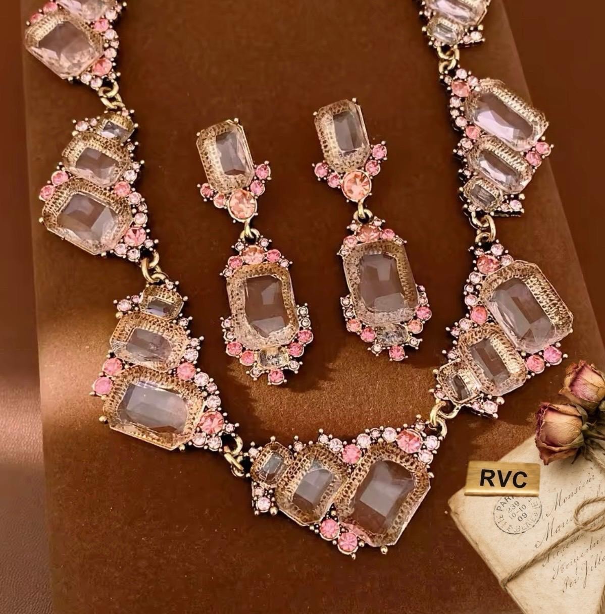 Vintage Revival Victorian Style Geometric Pendant Necklace & Earrings Set