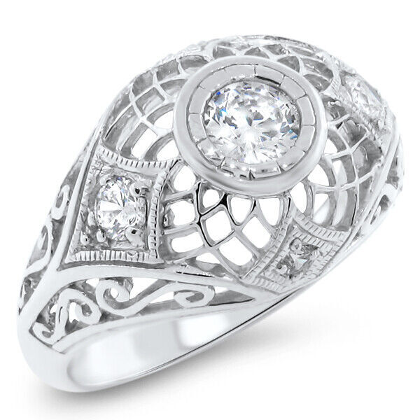 ANTIQUE STYLE FILIGREE 925 STERLING SILVER CUBIC ZIRCONIA DOME RING 622Z