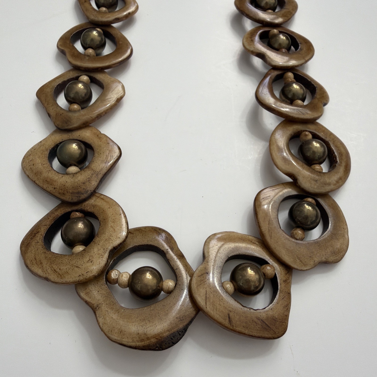 Artisan Vntg Wood Statement Necklace Carved Wooden Links with Brass Tone Beads