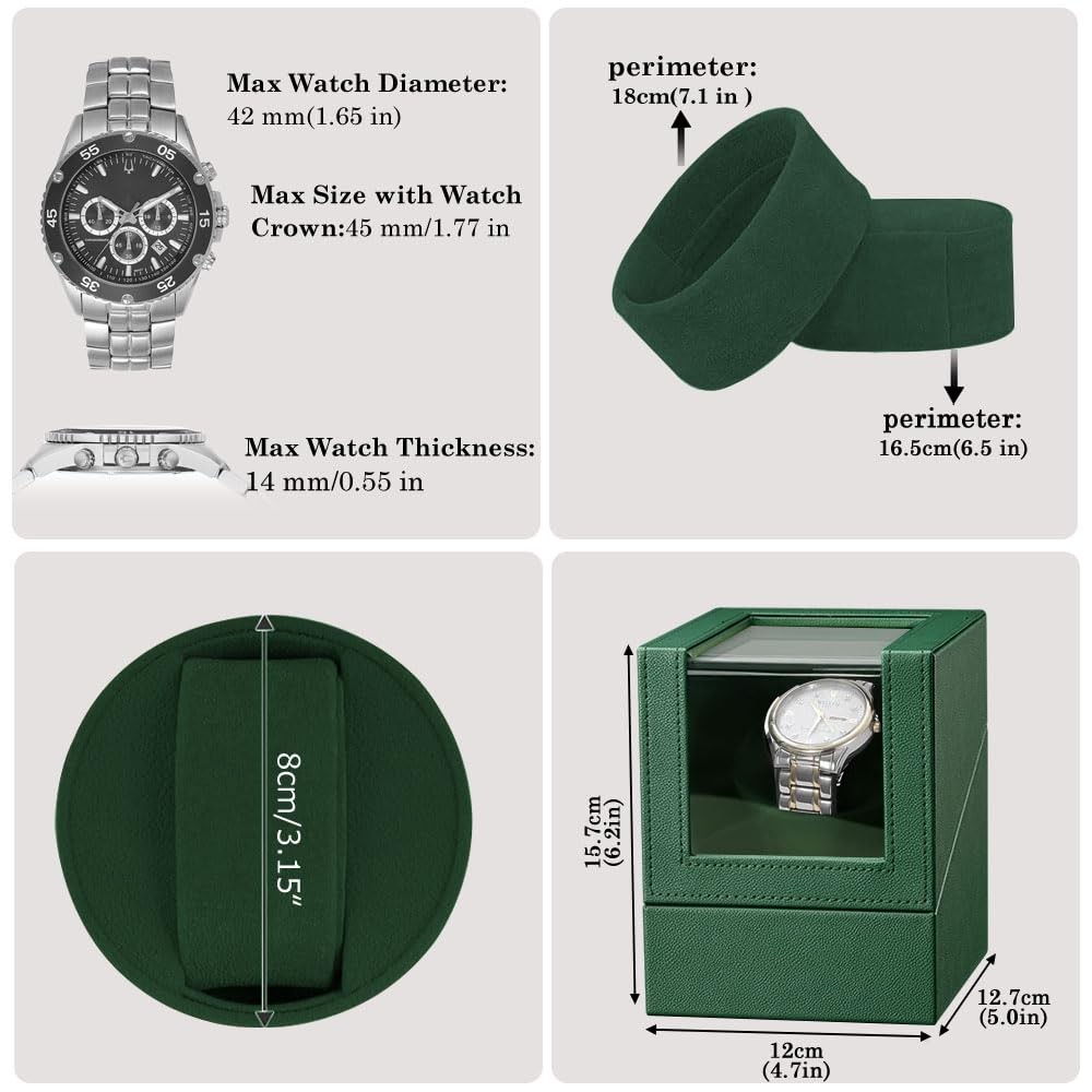 Green Automatic Watch Winder with Japanese Quiet Motor Battery/AC Powered