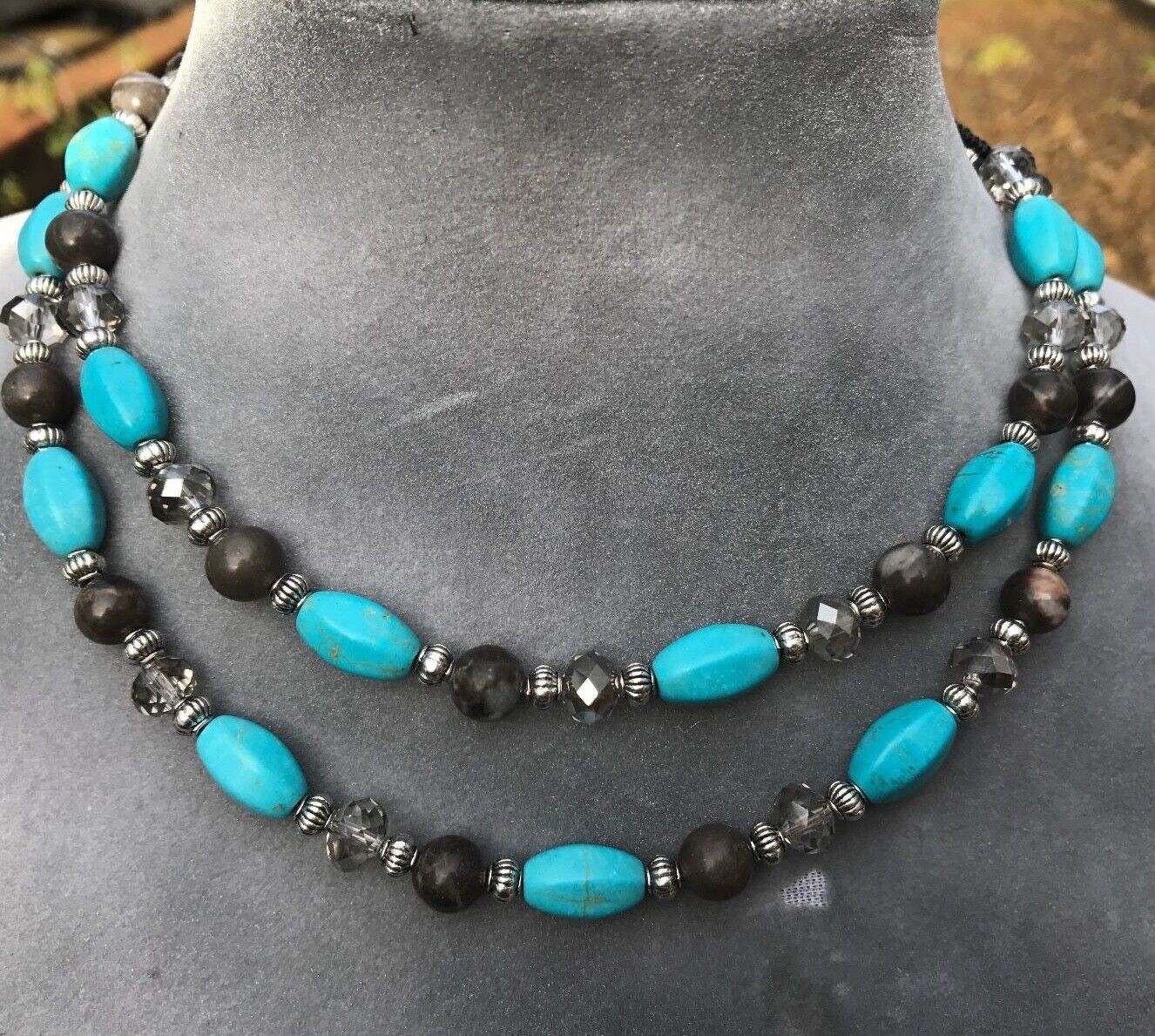 Necklace of Gray Jasper, Turquoise Magnesite, and Gray Crystal Beads Handmade
