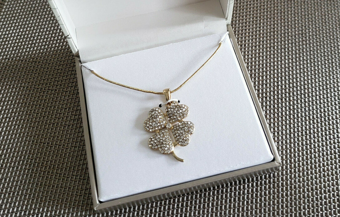 Four Leaf Clover Shamrock St Patricks Necklace Crystals Gold Tone Gift Box