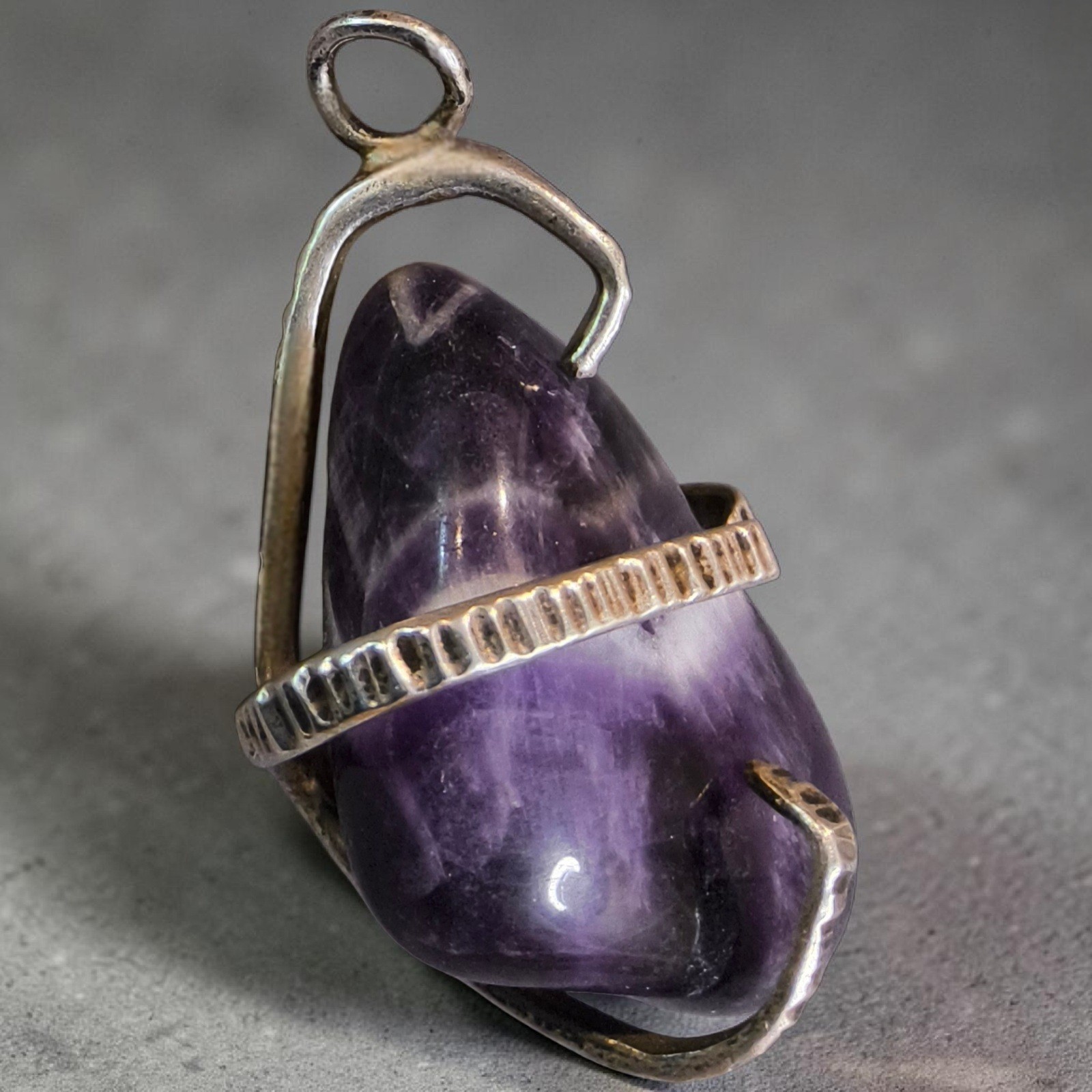 Vintage Artisan Amethyst Nugget Pendant Silver Tone Handmade Gemstone 2″