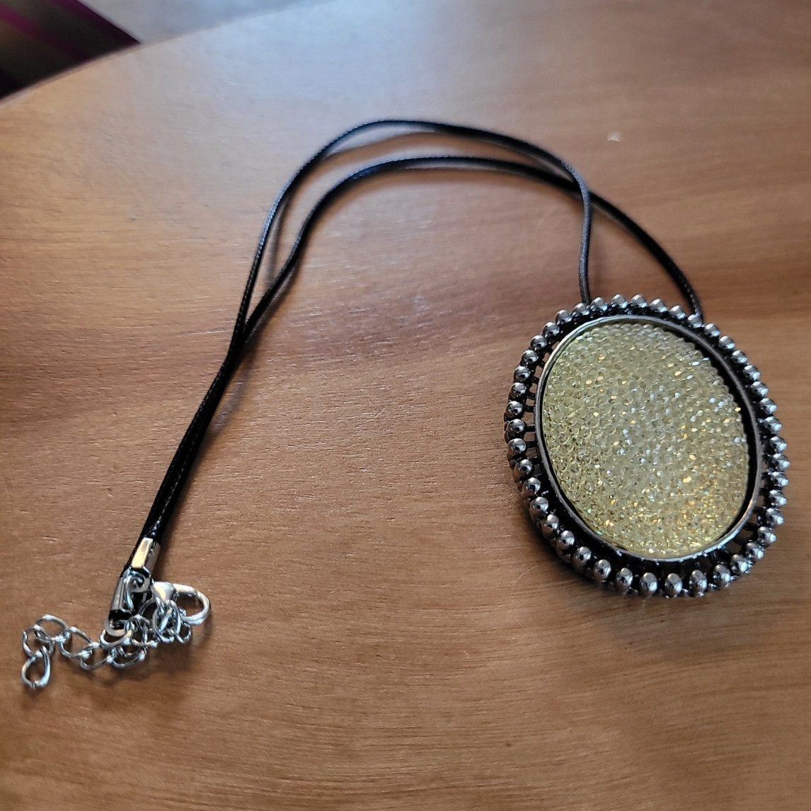 Oval Glass Glitter Gold Pendant Necklace Black Cord Chain – Silver Tone
