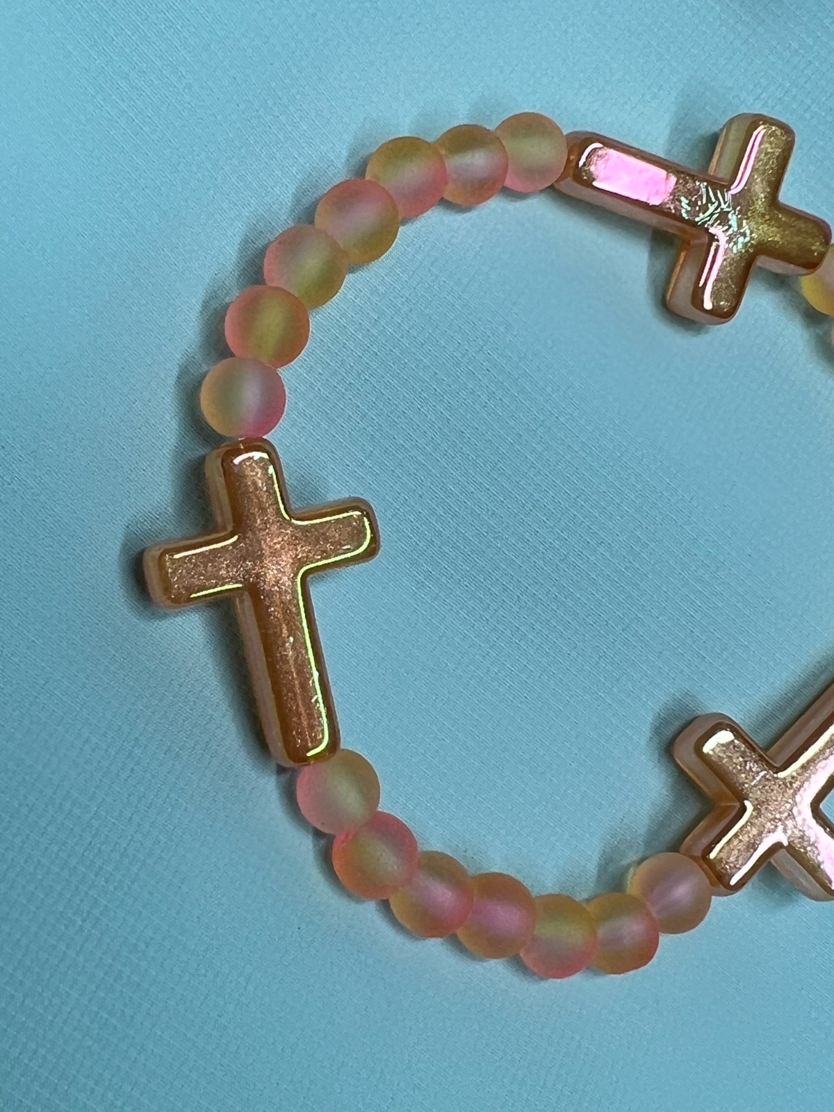 Triple Cross Glow in the Dark Bracelet, Frosted Orange 8mm Beads, Christian Jewe