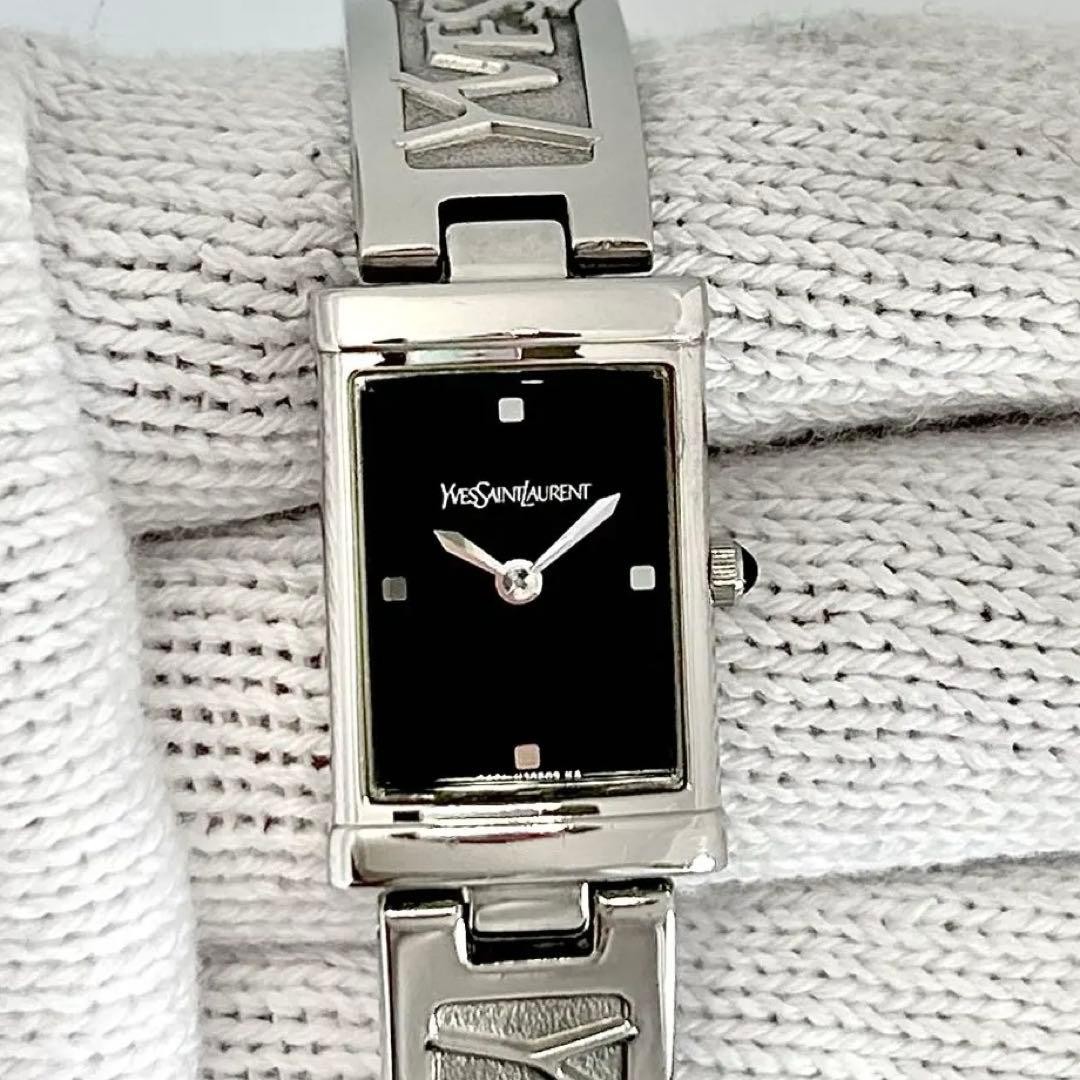 YSL Yves Saint Laurent Rectangular Bangle Watch Black Quartz Japan 0714206