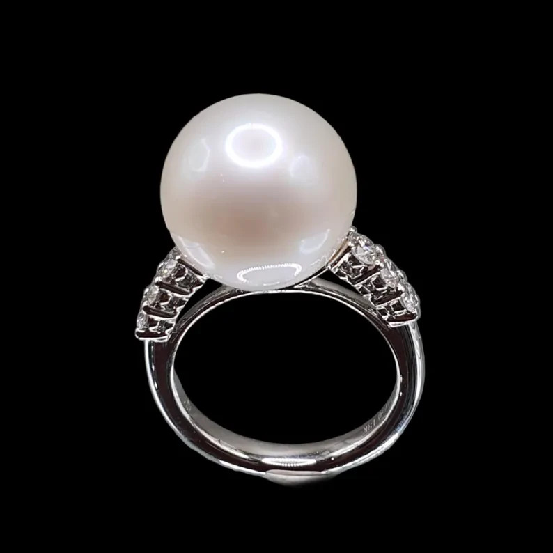 14mm Natural South Sea Pearl Ring with Diamonds in 18K White Gold Size US 6