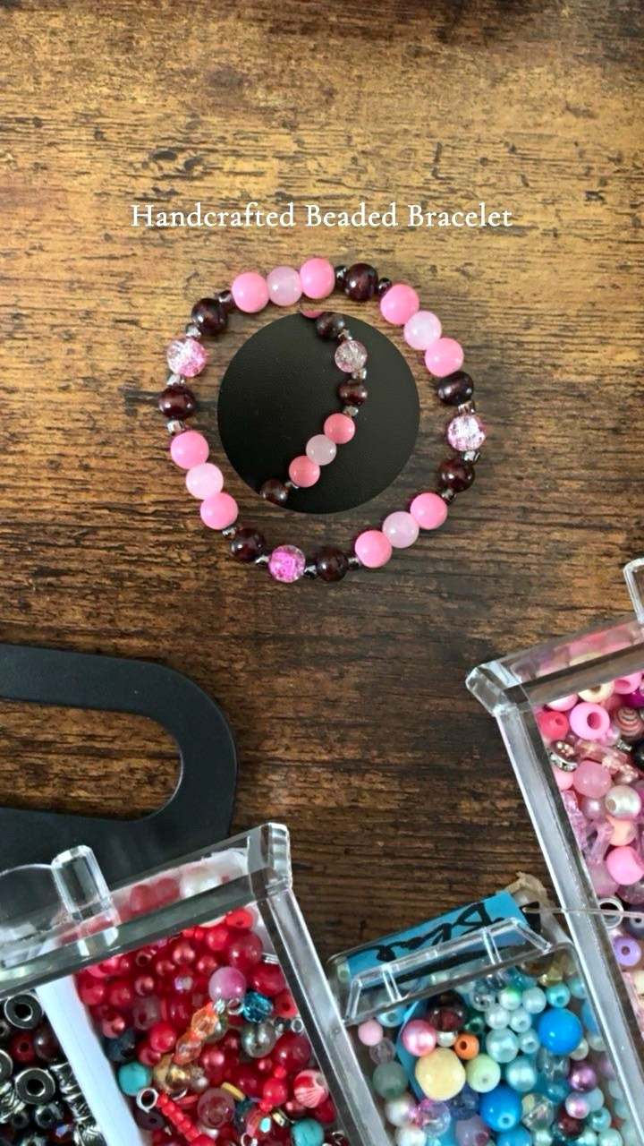 Handmade Pink/Purple Glass Beaded Bracelet, Round Beads, Unisex Adults