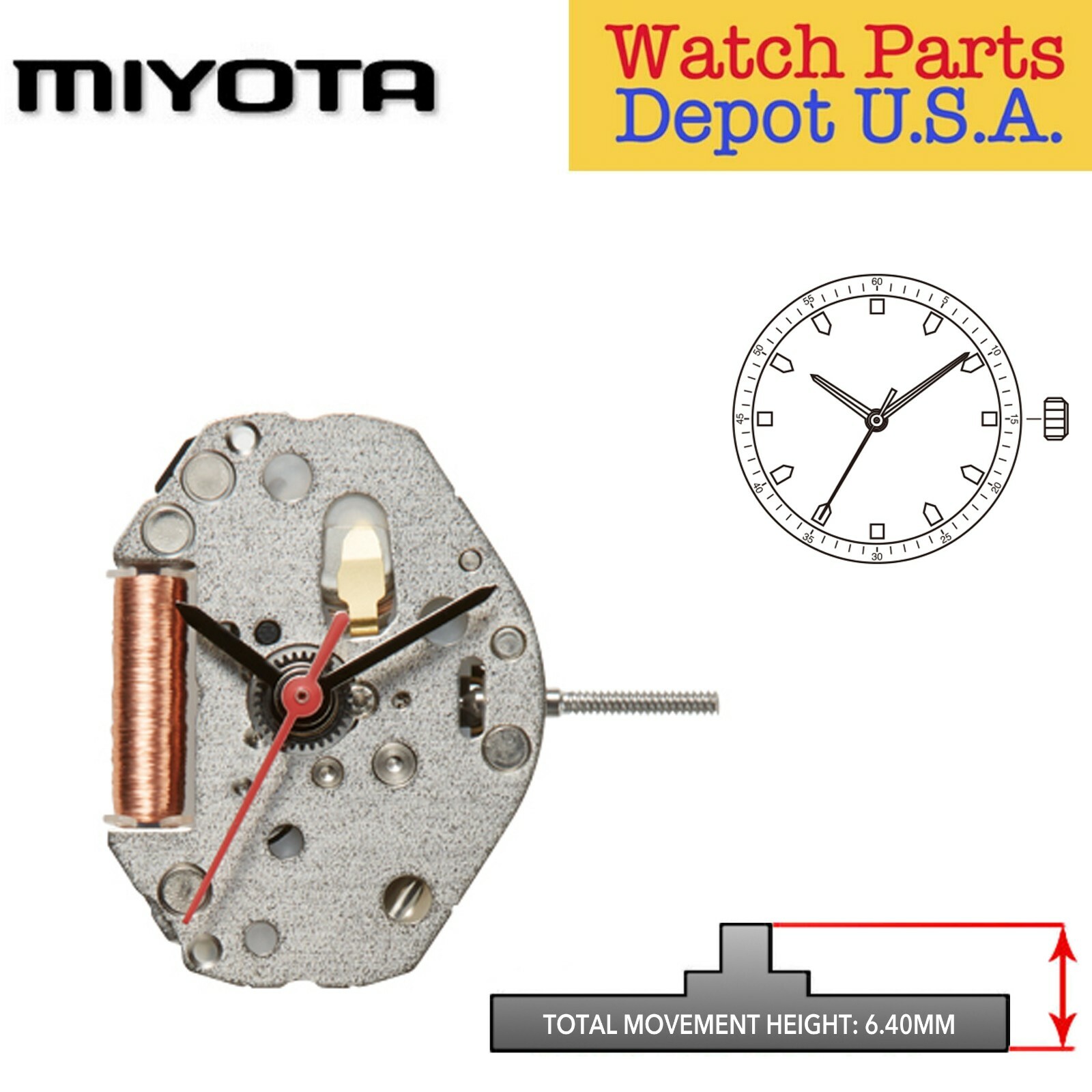 Original Miyota 203A, 6 3/4 x 8 Ligne, 3 Hands, High Canon Pinon 3.35mm – NEW!