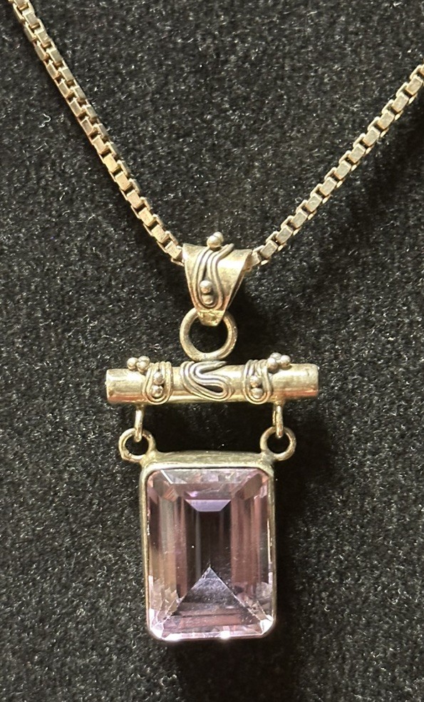 Lori Bonn Signed Sterling Silver 925 Amethyst Pendant 20” Box Necklace (1A2)