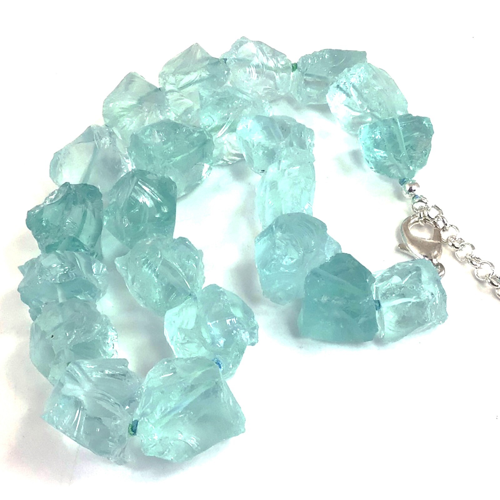 Blue Aqua Aquamarine Nugget Statement Necklace, March Birthstone, Silver 18″