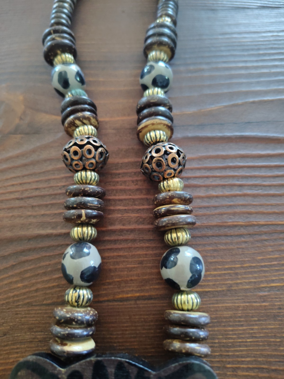 Vintage Hand Painted Leopard Wood – Metal Statement Necklace- Lee Sands