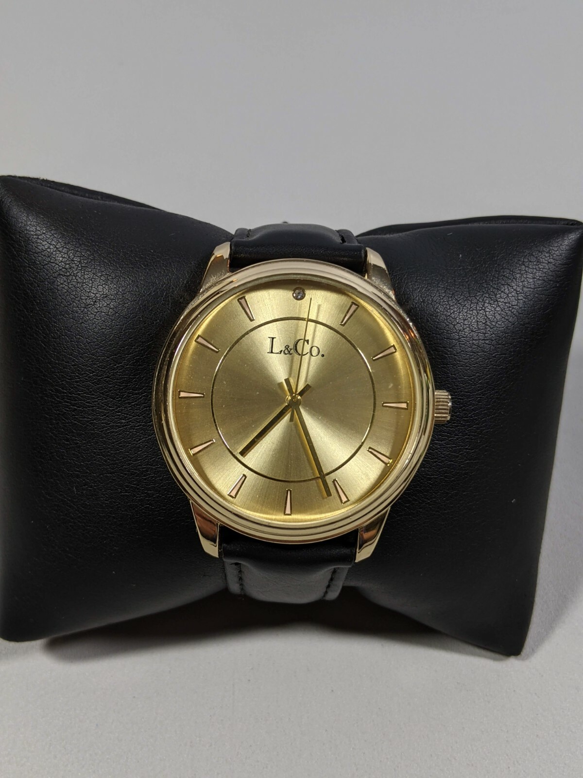 L&CO Gold Tone Dial Round Case 41.7 mm Black Faux Leather Band Watch 9.5 Inch