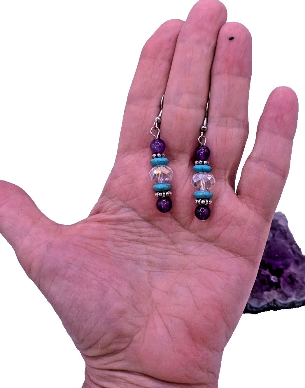 Amethyst Turquoise Austrian Crystal Handmade Pierced Earrings LR132